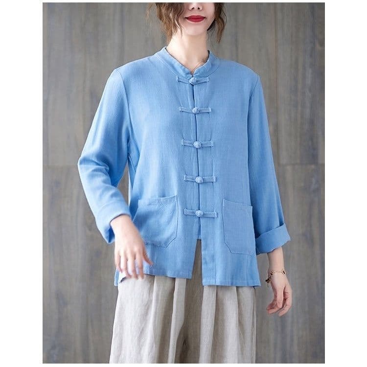 チャイナ服　チャイナボタンが映える七分袖リネン混ブラウスセットアップ
