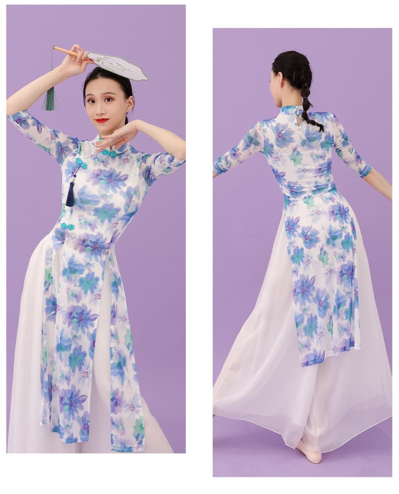 チャイナ服  優雅な花柄チャイナドレス 舞踊衣装