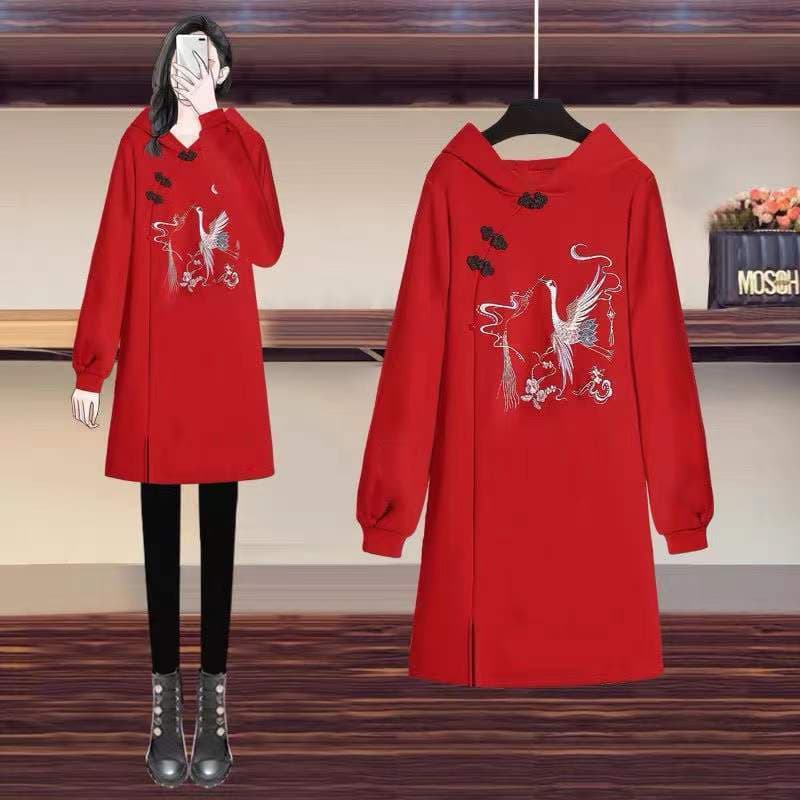 チャイナ服 花柄刺繍入りチャイナ風パーカーワンピース