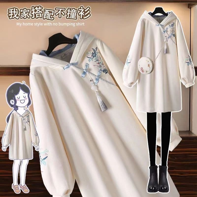 チャイナ服 花柄刺繍入りチャイナ風パーカーワンピース