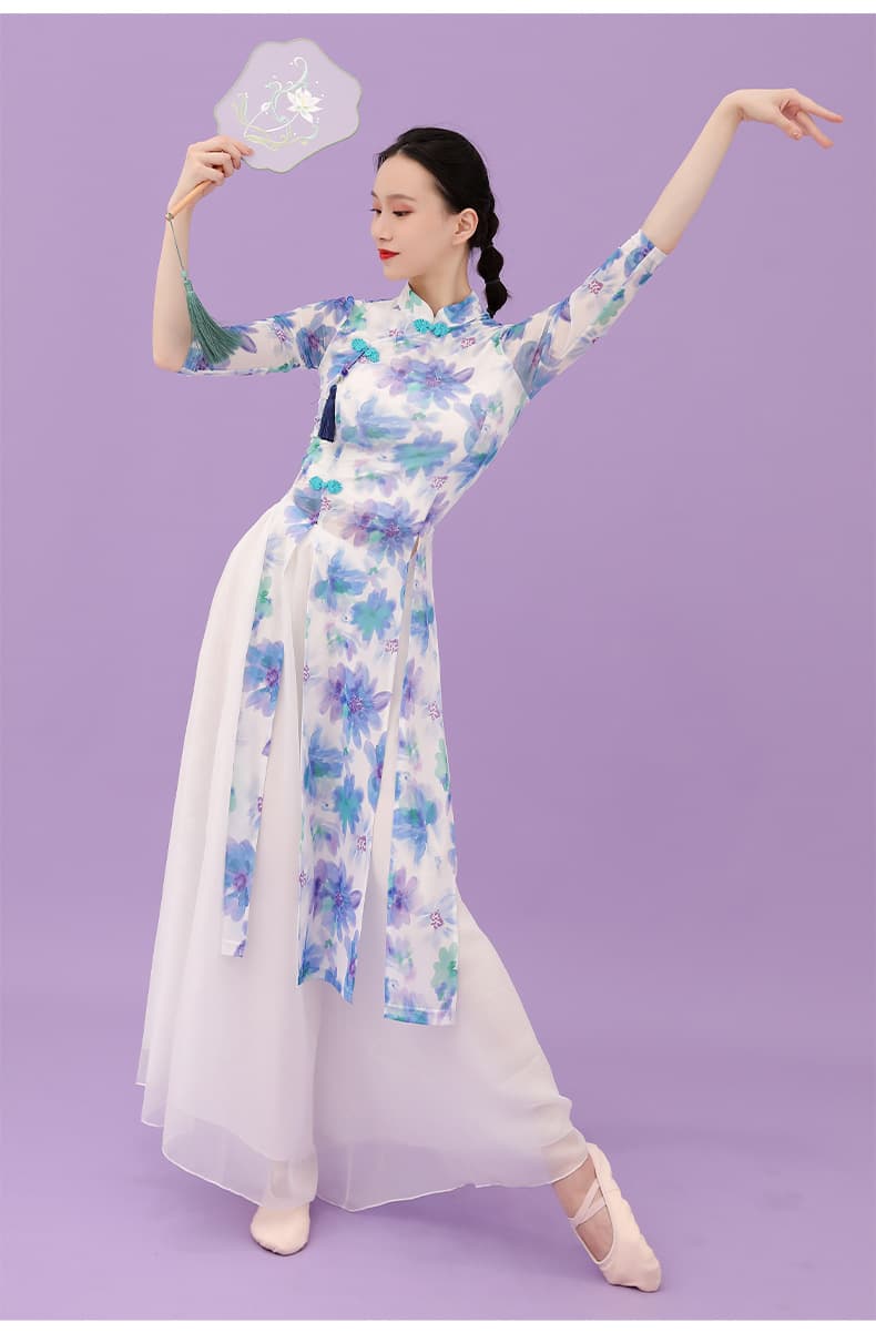 チャイナ服  優雅な花柄チャイナドレス 舞踊衣装
