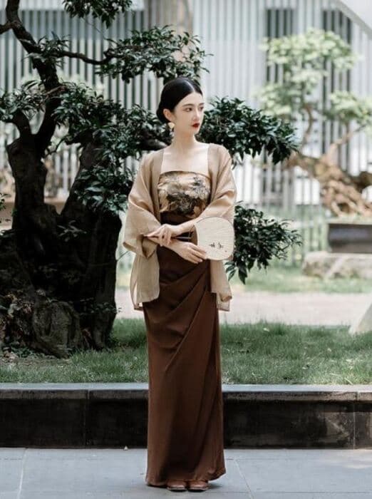 チャイナ服 レトロ ブラウン チャイナドレス 3点セット