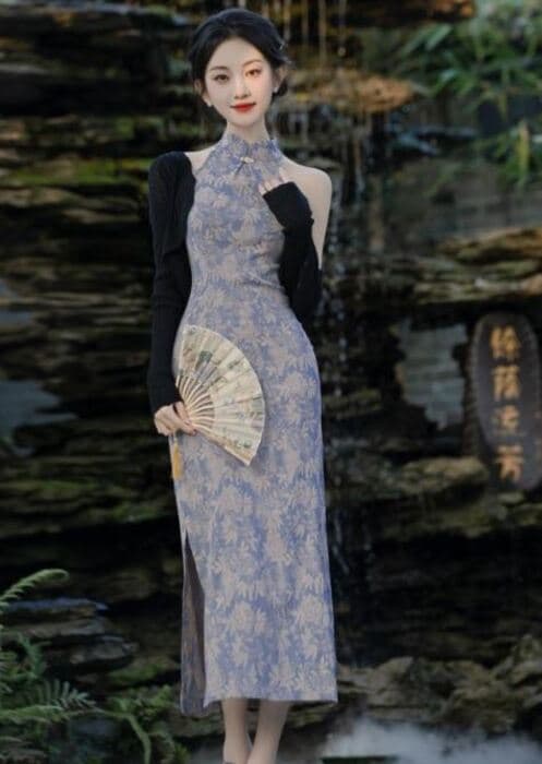 チャイナ服 ブルー フラワー デザイン チャイナドレス 3点セット