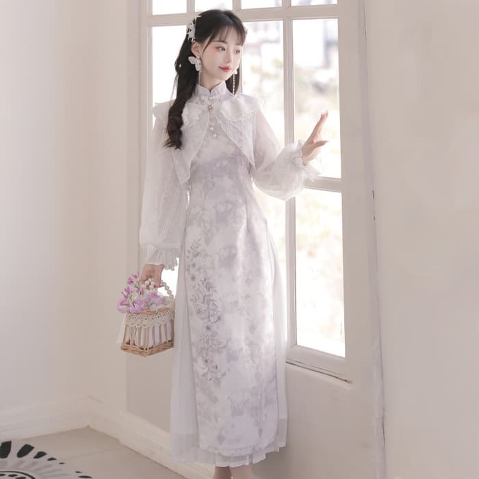 チャイナ服　花柄刺繍シフォンケープ付きチャイナ風ワンピース