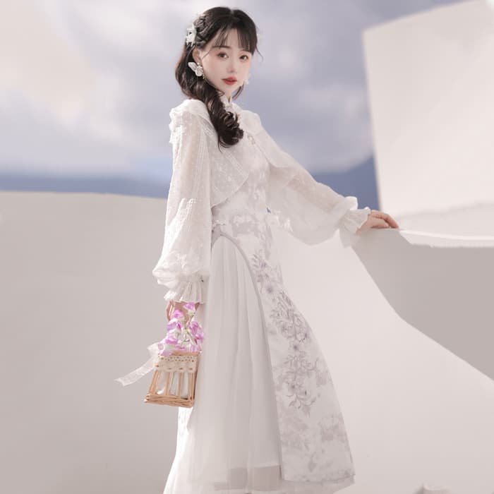 チャイナ服　花柄刺繍シフォンケープ付きチャイナ風ワンピース