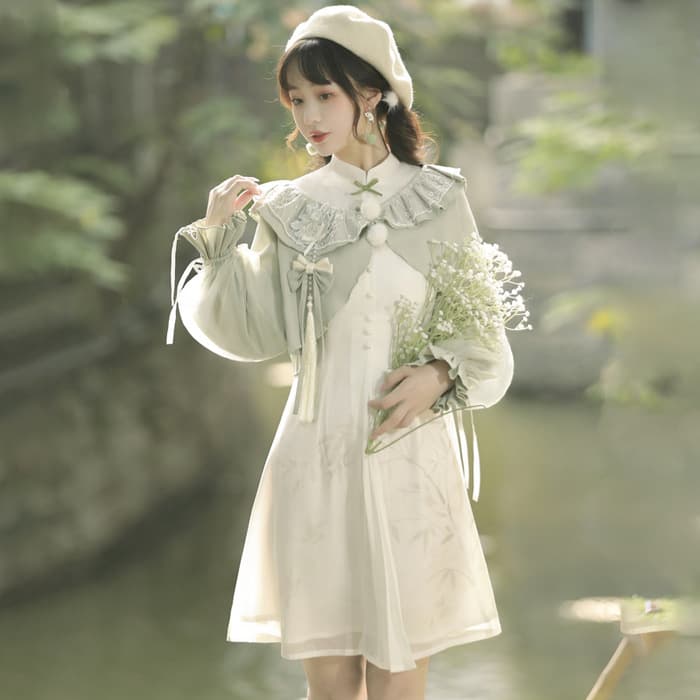 チャイナ服　中華ロリータ　ライムグリーンフリルボレロチャイナドレスミニワンピース