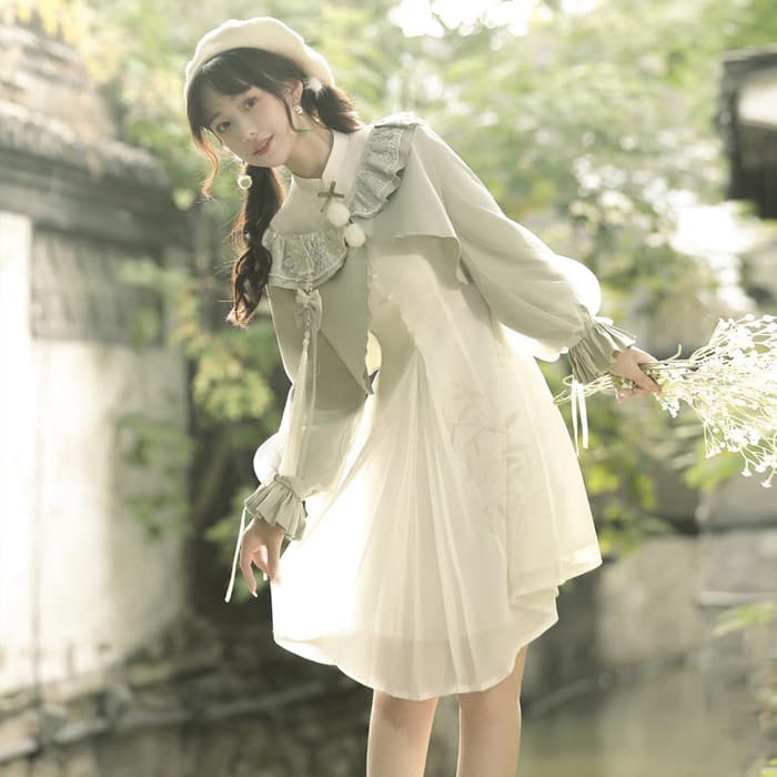 チャイナ服　中華ロリータ　ライムグリーンフリルボレロチャイナドレスミニワンピース
