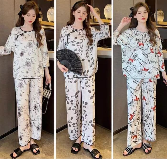 チャイナ服 シルク風　つやつや生地　チャイナパジャマ