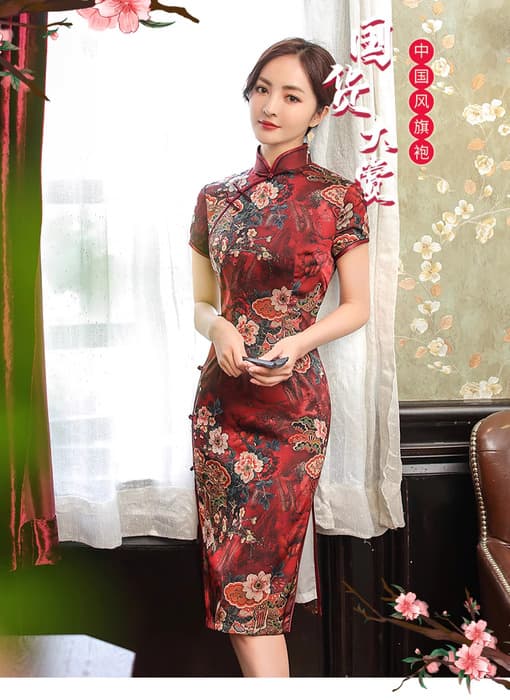 華やか花柄刺繍入りチャイナドレス膝丈