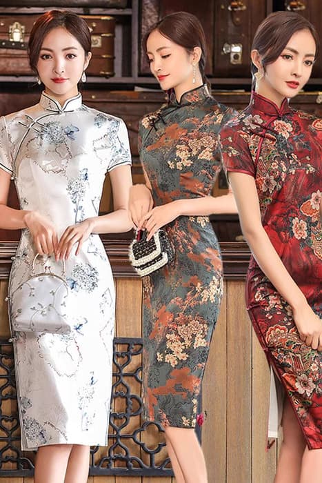 華やか花柄刺繍入りチャイナドレス膝丈