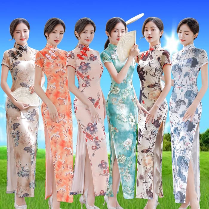 花柄刺繍入り立襟ロングチャイナ服ドレス