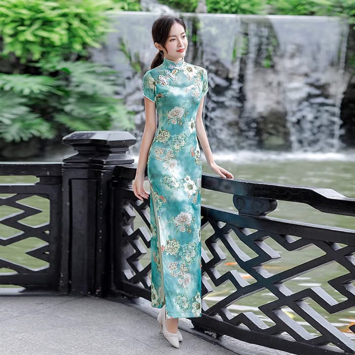 花柄刺繍入り立襟ロングチャイナ服ドレス