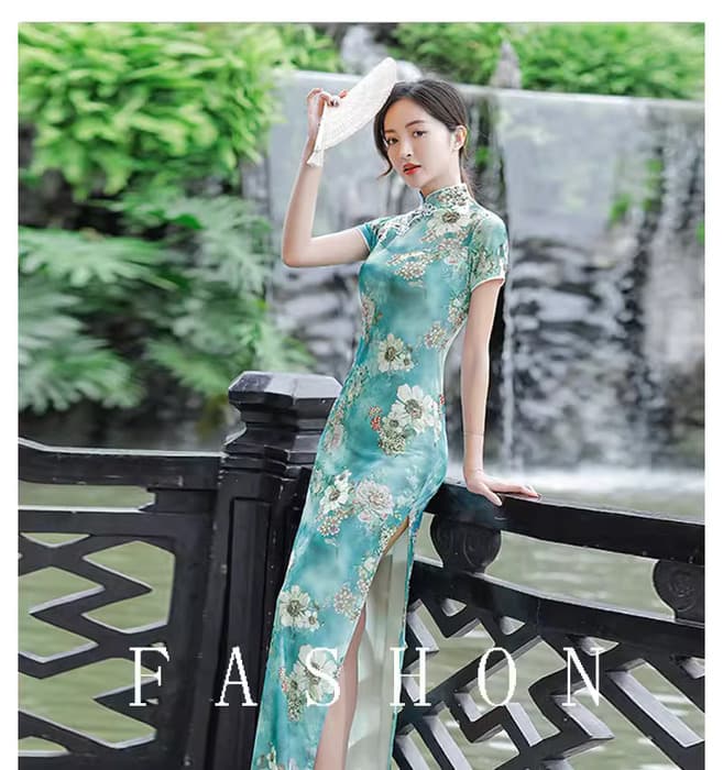 花柄刺繍入り立襟ロングチャイナ服ドレス