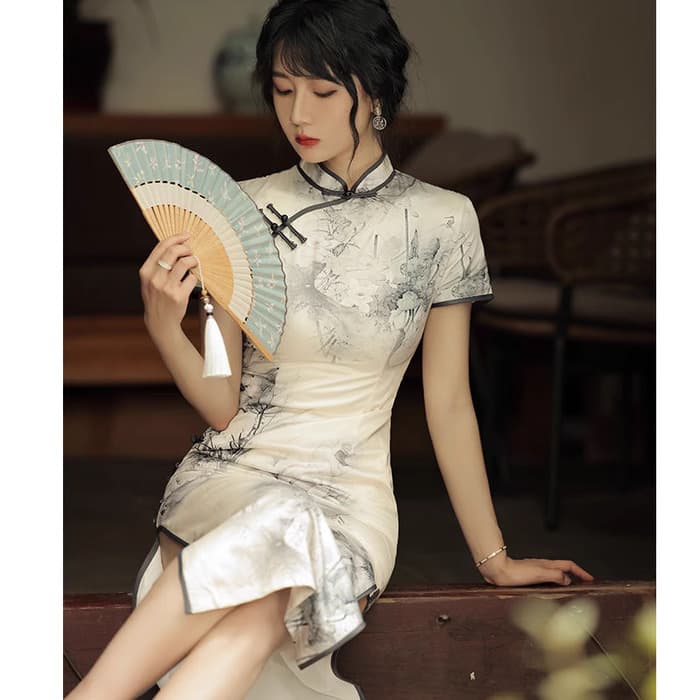 水墨画花鳥柄チャイナドレス半袖ロング丈旗袍