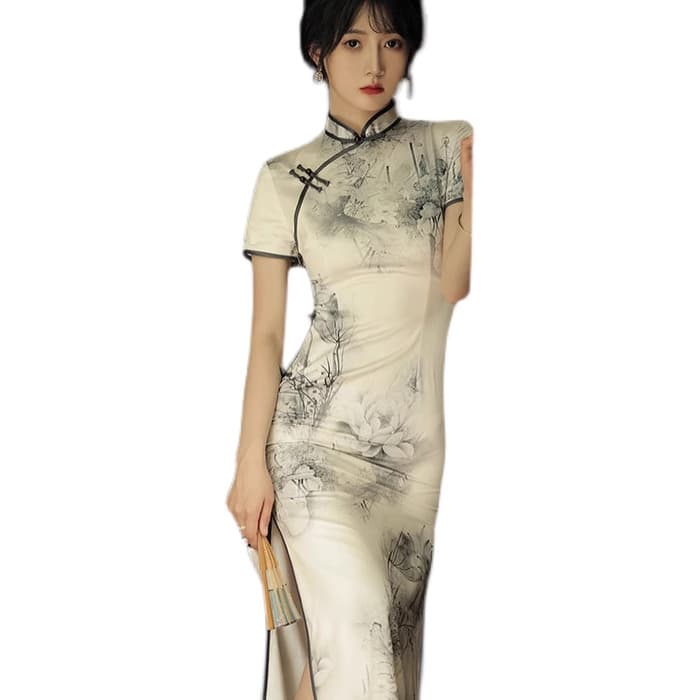 水墨画花鳥柄チャイナドレス半袖ロング丈旗袍