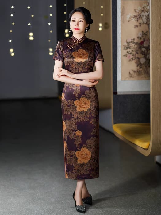 華やか牡丹刺繍光沢ロングチャイナ服ドレス