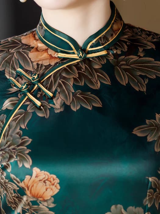 華やか牡丹刺繍光沢ロングチャイナ服ドレス