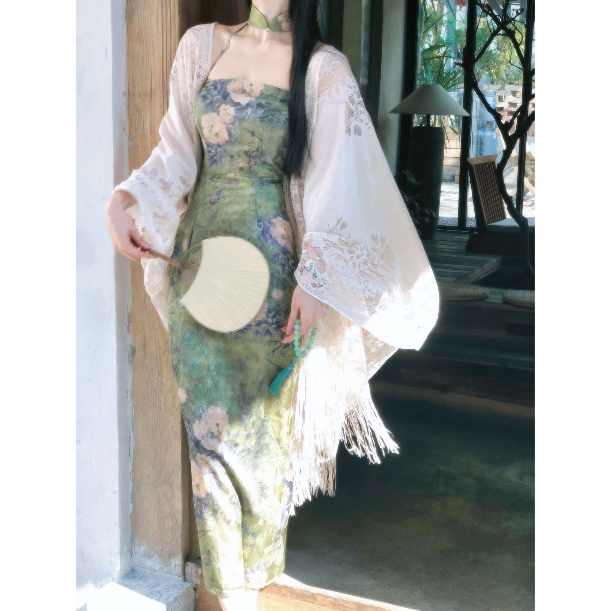 チャイナ服  花柄チャイナ風ロングワンピース