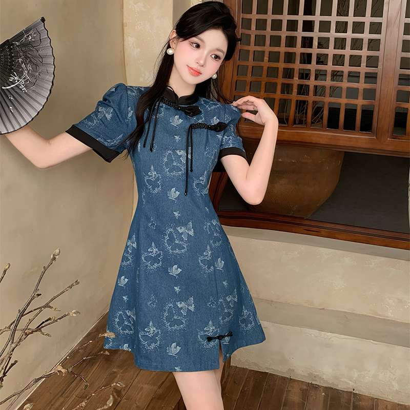 チャイナ服  蝶柄チャイナカラーワンピース