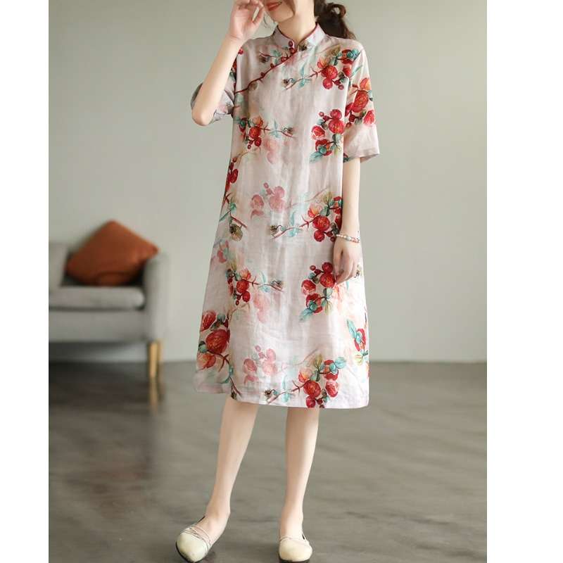 チャイナ服  花柄チャイナカラーワンピース