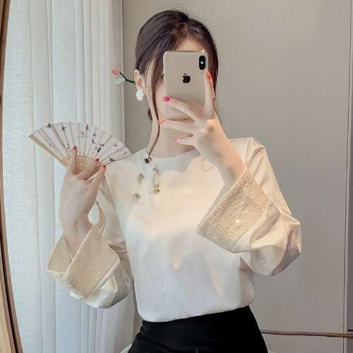 チャイナ服 繍入りチャイナボタン袖切替ブラウス