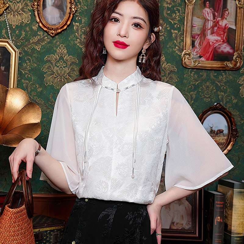 チャイナ服 花柄刺繍入り比翼仕立てチャイナ襟ブラウス