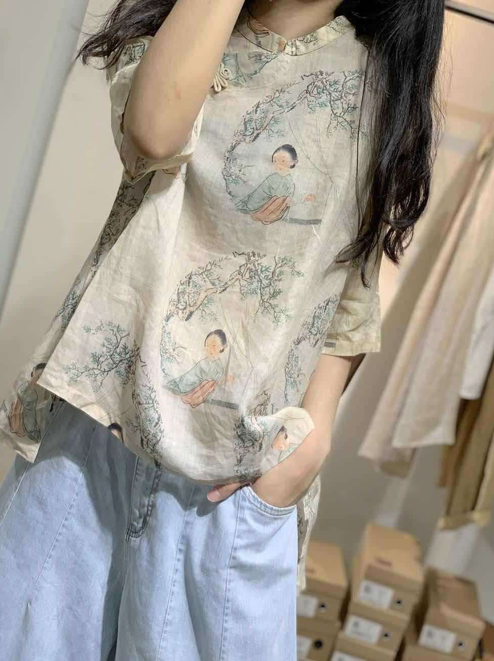 チャイナ服  伝統美人画プリント チャイナシャツ