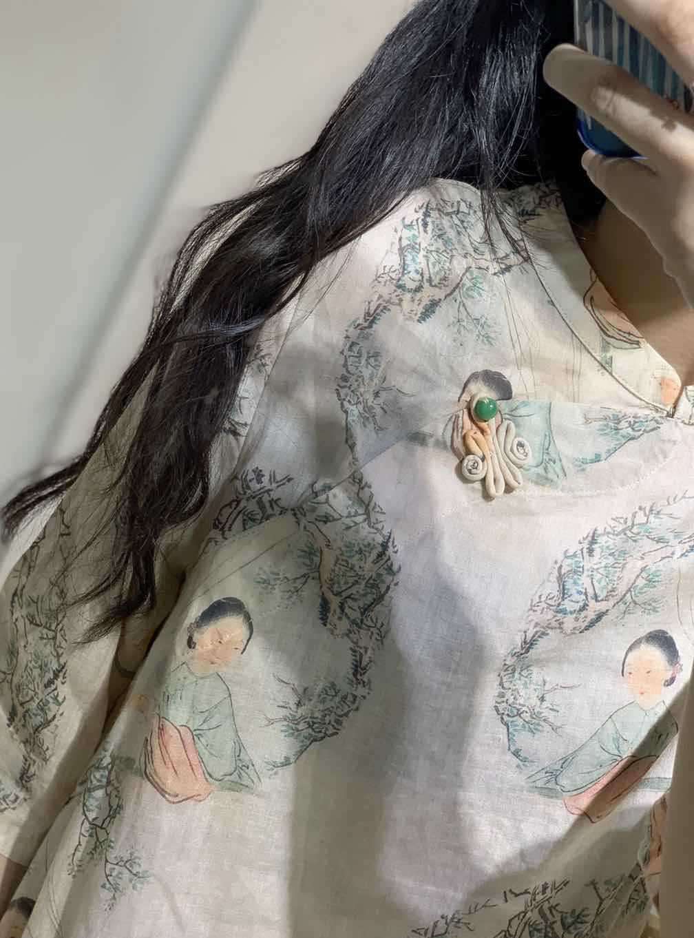 チャイナ服  伝統美人画プリント チャイナシャツ