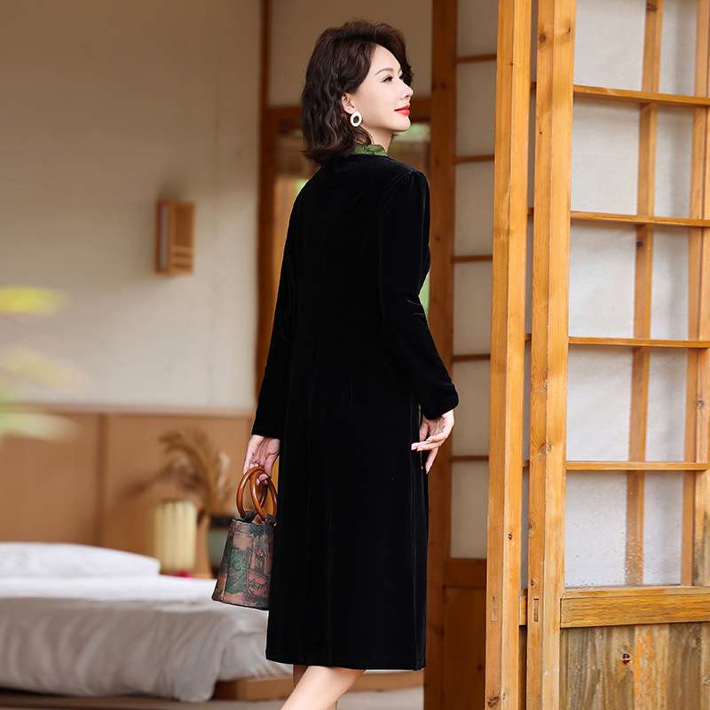 チャイナ服 優雅な東洋風ベルベットワンピース