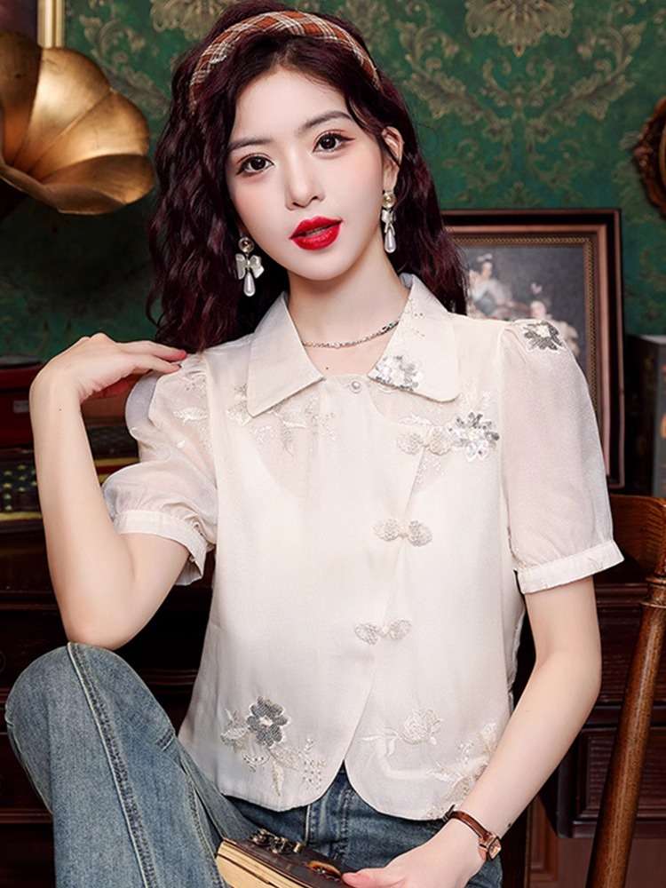 チャイナ服  刺繍入りチャイナ風半袖ブラウス