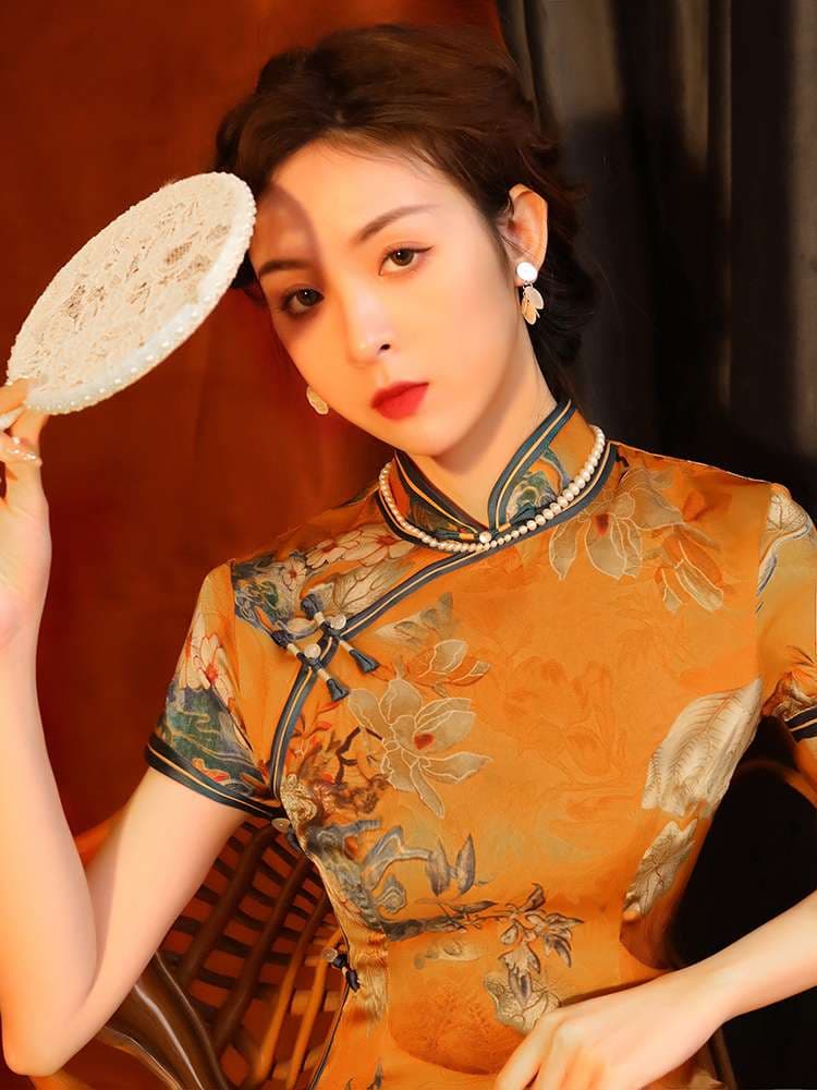 チャイナ服 花鳥図柄入りロング丈チャイナドレス
