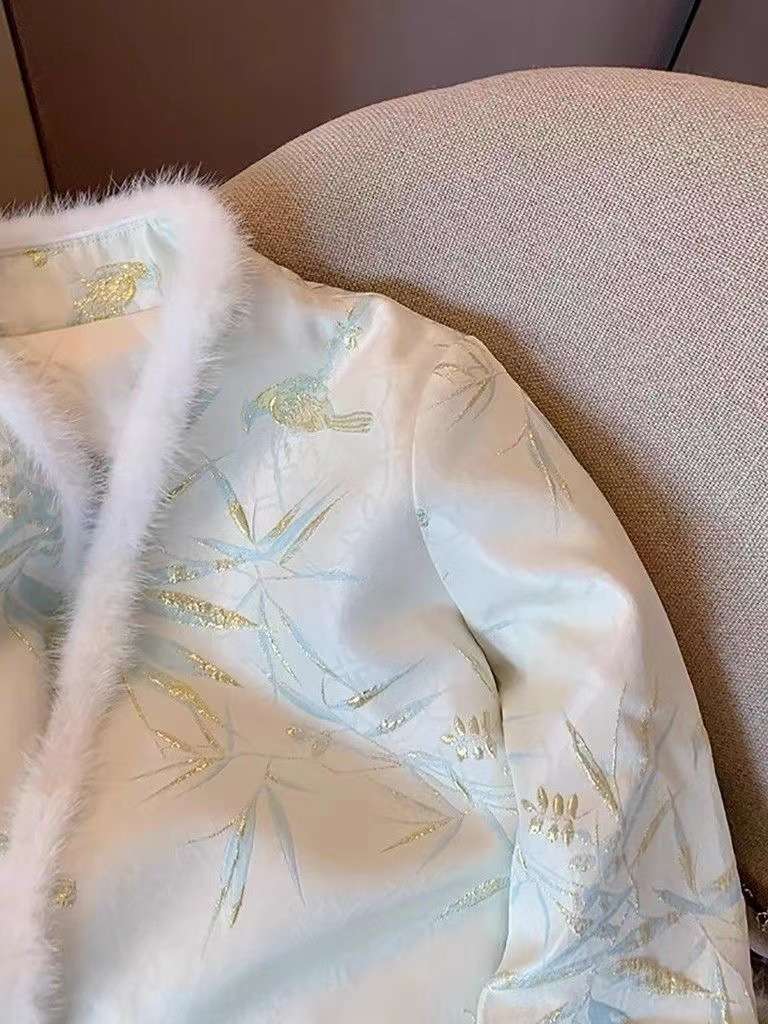 チャイナ服 ファー付き花柄チャイナジャケット
