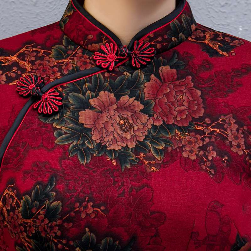 チャイナ服 花柄刺繍チャイナカラーブラウス