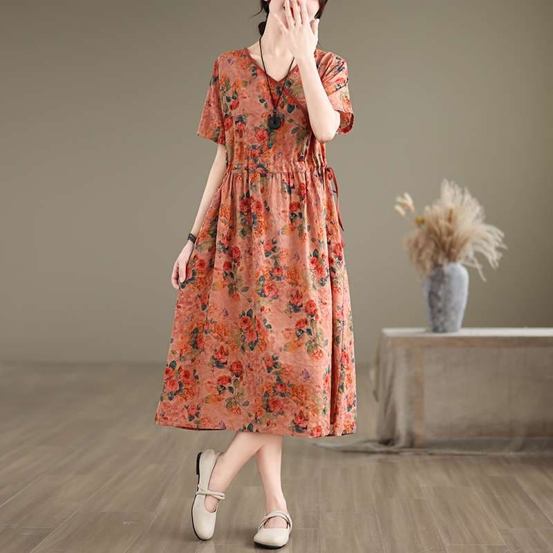 チャイナ服  花柄プリント リラックスワンピース