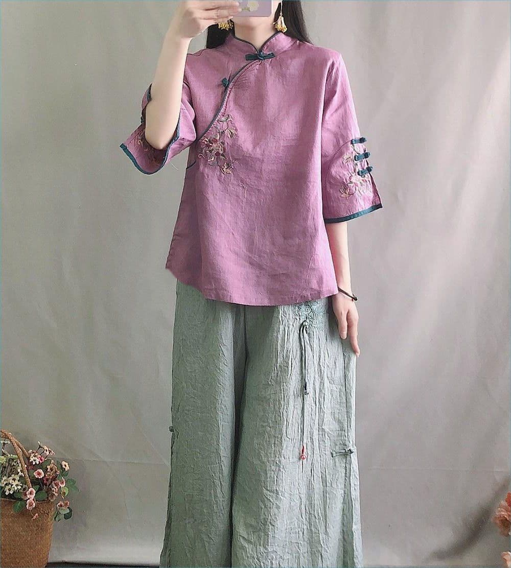 チャイナ服 花刺繍入りチャイナボタン七分袖ブラウス