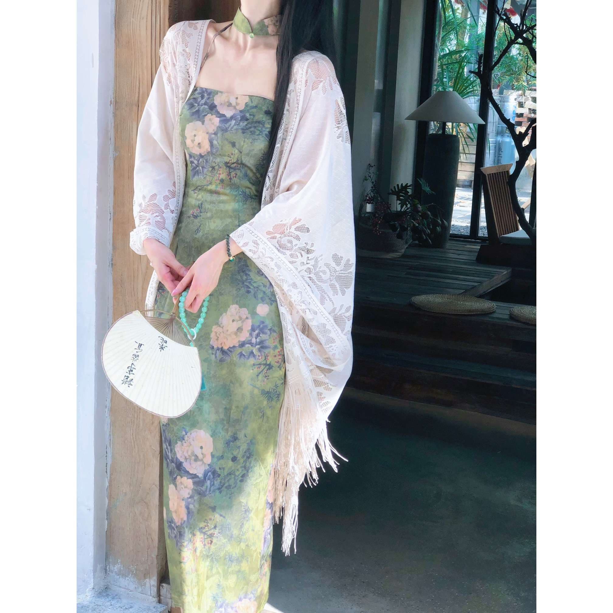 チャイナ服  花柄チャイナ風ロングワンピース