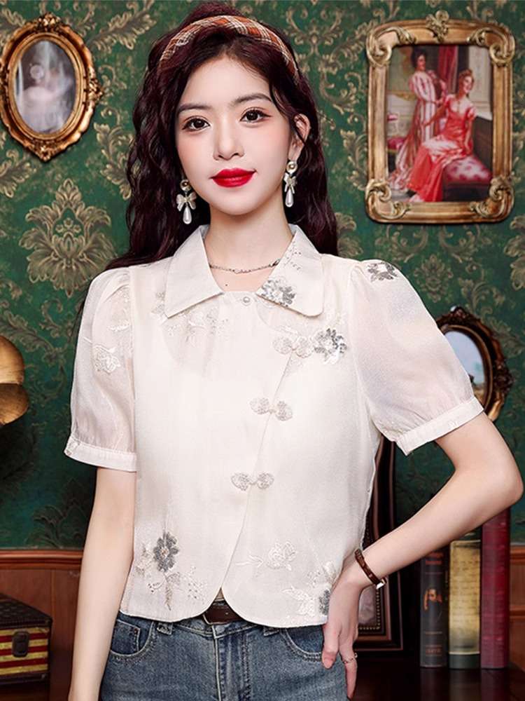 チャイナ服  刺繍入りチャイナ風半袖ブラウス