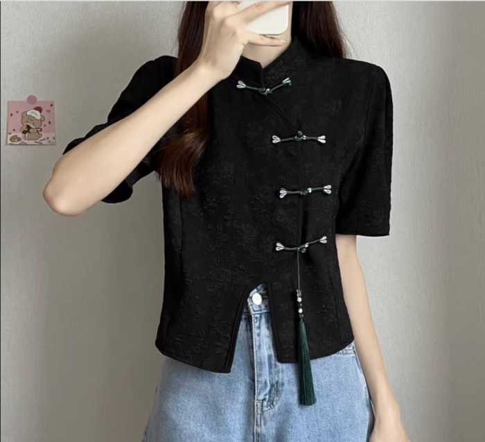 切り込み 花柄刺繍 チャイナブラウス シック