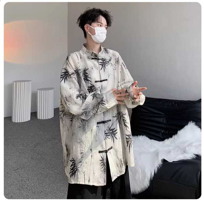竹林柄チャイナボタン長袖シャツ