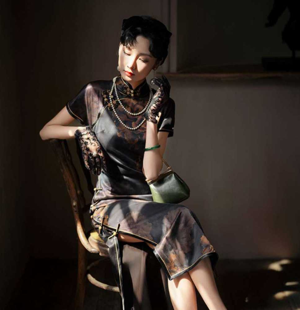 チャイナ服 フラワー シック ブラック ドレス