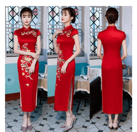 立体花刺繍が華やぐロング丈チャイナドレス