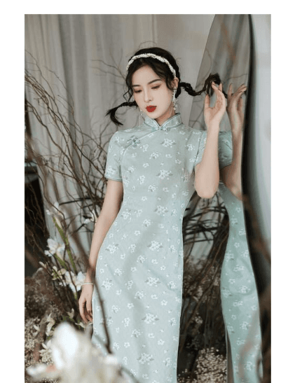 小花柄刺繍入り立襟半袖チャイナドレス