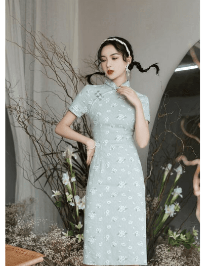 小花柄刺繍入り立襟半袖チャイナドレス