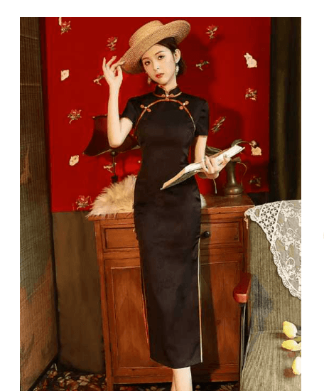 チャイナボタン装飾スリット入りロング丈チャイナ服