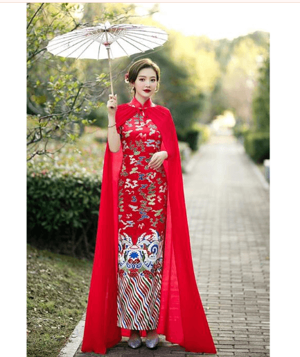 鳳凰刺繍豪華ケープ付きロング丈チャイナ服