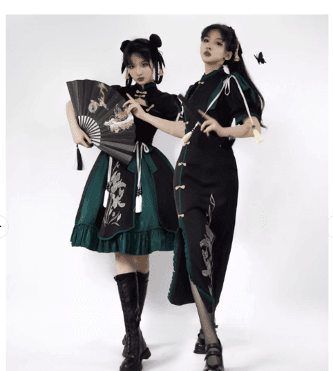 花柄刺繍チャイナボタン半袖上下組二点式衣装