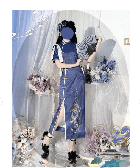 花柄刺繍チャイナボタン半袖上下組二点式衣装