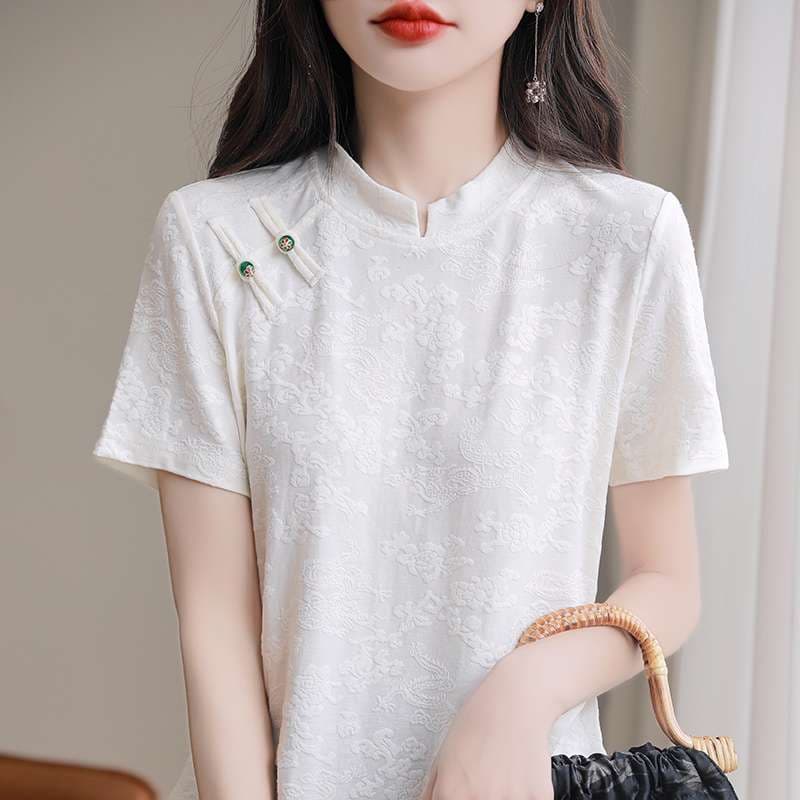 チャイナ服  チャイナ風刺繍入り半袖ブラウス
