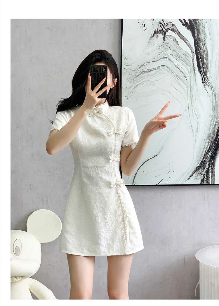 チャイナ服 刺繍柄チャイナボタン半袖ワンピース