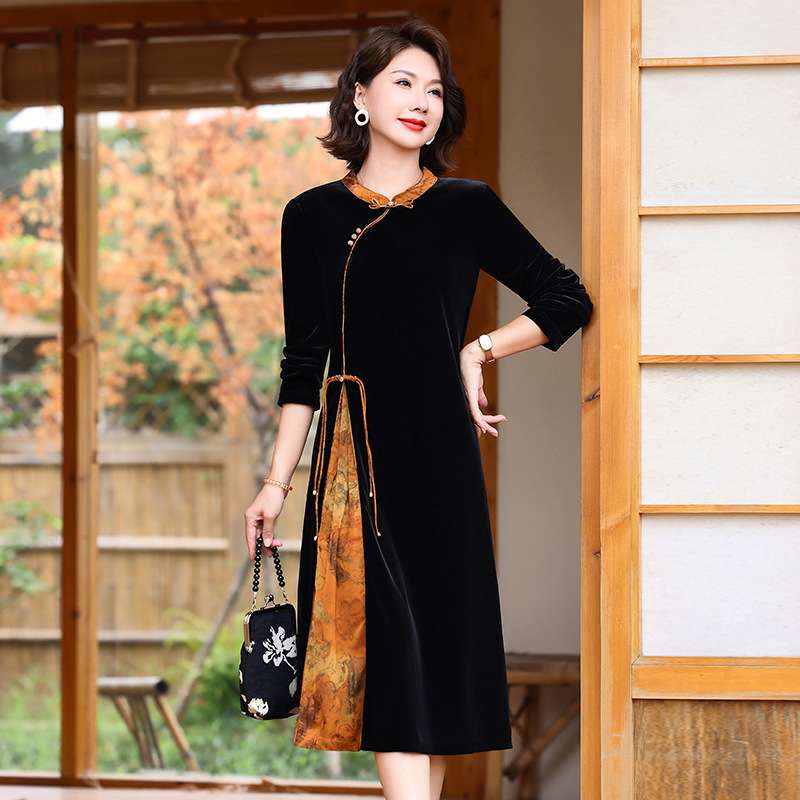 チャイナ服 優雅な東洋風ベルベットワンピース